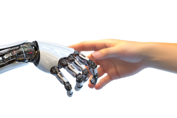 A robotic hand reaching out to touch a human hand, symbolizing the interaction between humans and advanced technology.