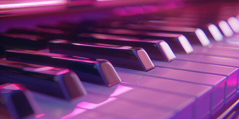 Fototapeta premium Close-up of piano keys reflecting purple light, creating a vibrant and musical atmosphere