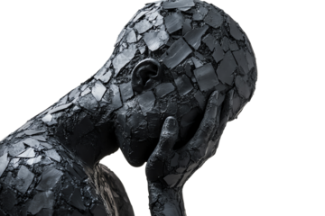 A sculpture of a figure with a black, fragmented surface, expressing deep emotion with hands covering the face, isolated on a white background.