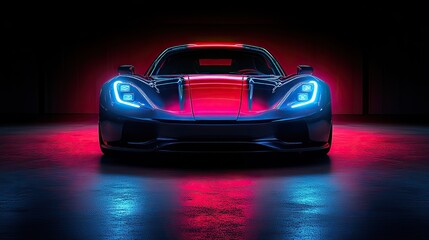 Naklejka premium A dark background illuminated by red and blue lights highlights the front of an electric sports car with its headlights on, creating a futuristic and dynamic atmosphere