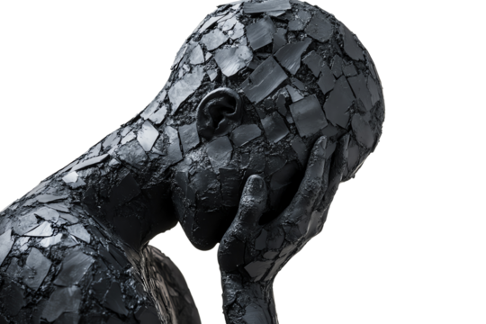 A sculpture of a figure with a black, fragmented surface, expressing deep emotion with hands covering the face, isolated on a white background.