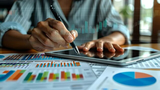 Analyzing business reports with charts and graphs during a work session at a modern office. Generative AI