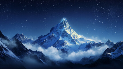 night peak evening mist landscape natural view, A realistic painting showcasing a majestic mountain night view, Outdoor landscapes with mountain textures with glowing lights.
