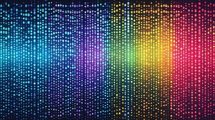 Abstract digital visualization with vertical lines and colorful dots in gradient shades of yellow, blue, pink, and purple resembling a soundwave or data pattern