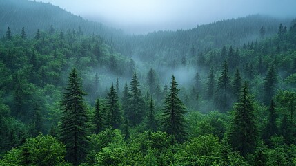 Obraz premium A dense forest of pine trees with green needles and dark brown trunks is seen from above during a rainstorm, capturing the contrast of colors and textures in a natural landscape