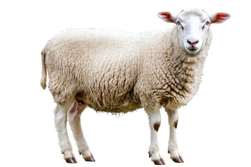 Fototapeta premium A sheep standing upright against a white isolated background, showcasing its woolly coat and distinctive features.