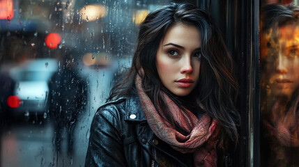 Fototapeta premium Dramatic portrait of young woman against rain covered city window