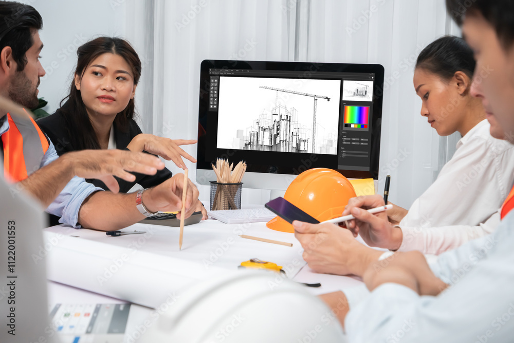 Poster diverse group of civil engineer and client working together on architectural project, reviewing cons