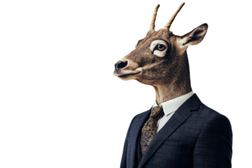 A surreal image of a person with a deer head, wearing a formal suit. The unusual combination evokes themes of identity and nature in a modern setting.