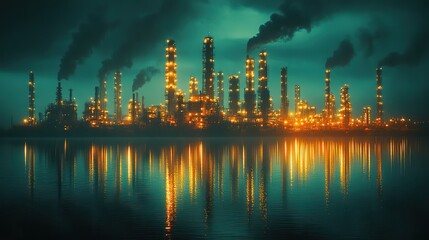 Fototapeta premium A digital oil and gas industry background with data visualization features an industrial plant in the foreground, highlighting the importance of monitoring and analyzing data for efficient operations