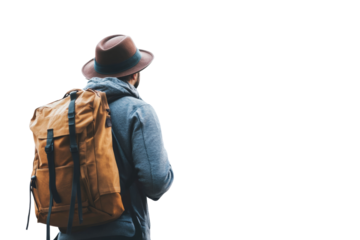 A traveler with a backpack and hat, gazing ahead, embodying adventure and exploration against a white isolated background.