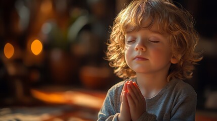 A young boy with closed eyes and hands clasped in prayer, sitting in a dimly lit room. Captures innocence, faith, and a moment of spiritual reflection