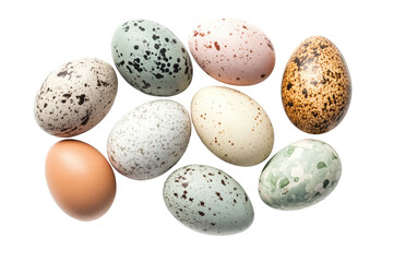Fototapeta premium A variety of beautiful, colorful eggs arranged on a white surface, showcasing different patterns and textures.