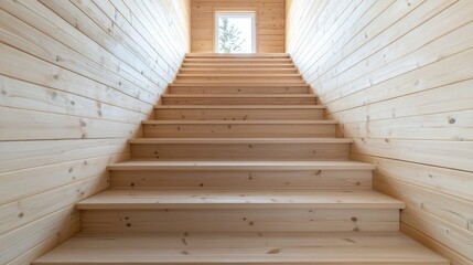 Bright and Airy Stairs Leading to a Sunlit Window in a Cozy Wooden Interior with Natural Light Illuminating the Warm Wooden Walls and Steps