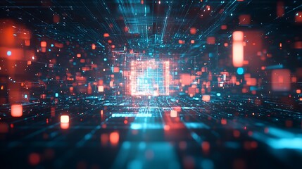  A holographic logo with a smooth, flowing design, glowing softly in a dark, high-tech environment