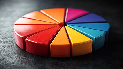 Fototapeta premium 3D design of a colorful pie chart on a black background, representing infographics, data analysis, and statistics