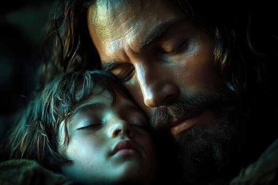a serene depiction of jesus gently healing a sick boy, bathed in warm, divine light, capturing a moment of compassion and miracles, symbolizing faith and grace in the bible