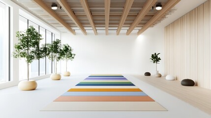 Fototapeta premium Modern yoga studio with colorful mats, large windows, natural light, and serene plants, ideal for wellness, mindfulness, and fitness practices