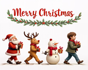Santa, reindeer, snowman, and a boy carrying gifts with "Merry Christmas" text above.