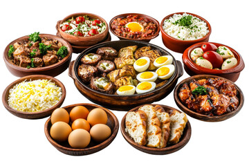 A vibrant display of assorted dishes including meats, salads, rice, eggs, and bread showcased in traditional bowls, ideal for culinary presentations.