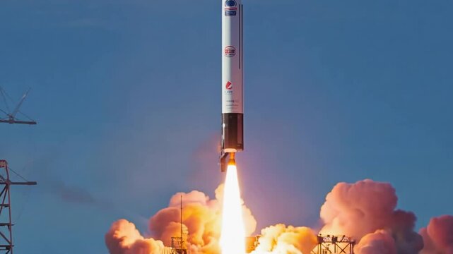 Rocket lifts off from launch pad and rises into clear blue sky. Space Exploration mission concept. Take off of spaceship. Cosmic spacecraft journey. Wonderful spaceflight start. Moon trip achievement.