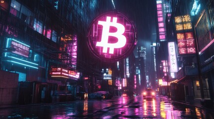 Futuristic cityscape digital art with Bitcoin symbol at night