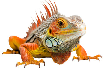 Obraz premium A vibrant iguana with striking colors and unique features, isolated on a white background, showcasing its fascinating texture and expression.