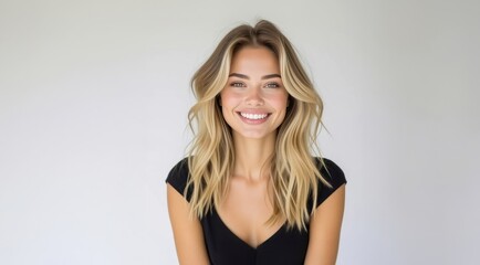 Fototapeta premium Man woman smiling. Young beauty girl laughing. Portrait Of Young Smiling Model. Closeup face of smiling model isolated on gray. Portrait of young woman with white teeth. Natural beauty.