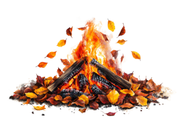 A warm campfire surrounded by colorful autumn leaves, creating a cozy and inviting atmosphere perfect for gatherings.