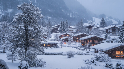 featuring a scenic mountain view and a serene winter landscape, Village houses in the mountains in winter time with trees and house, A cozy cabin nestled in a snowy landscape with snow fall and trees.
