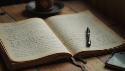 Fototapeta premium Open Book with Pen on Wooden Table