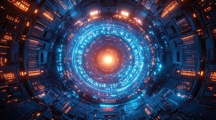 Fototapeta premium A 3D render of a central computer processor with neon blue accents highlights the power of quantum computing and data processing