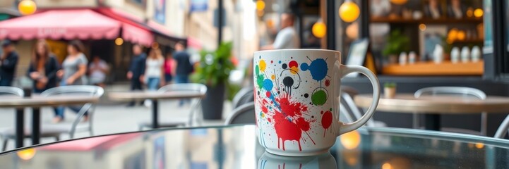 Fototapeta premium This inviting image features a colorful mug with a unique paint splatter design, sitting on a table in a charming Parisian cafe. The blurred background of the cafe's interior adds depth and atmosphere