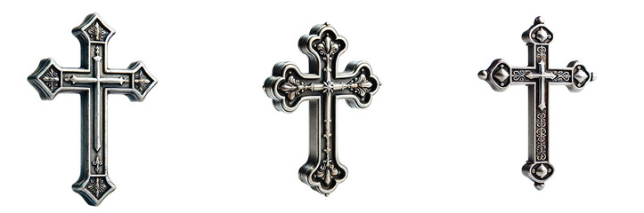 Metallic silver cross Set isolated on white background PNG