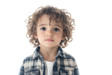 A young boy with curly hair wearing a plaid shirt, looking thoughtfully at the camera, isolated on a white background.