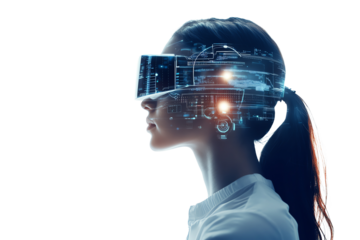 A young woman wearing virtual reality glasses, showcasing advanced technology and digital graphics in her headset, isolated on a white background.
