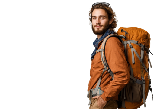 A young man with a backpack posing confidently. He is dressed in an outdoor outfit, ready for an adventure in nature or hiking trips.