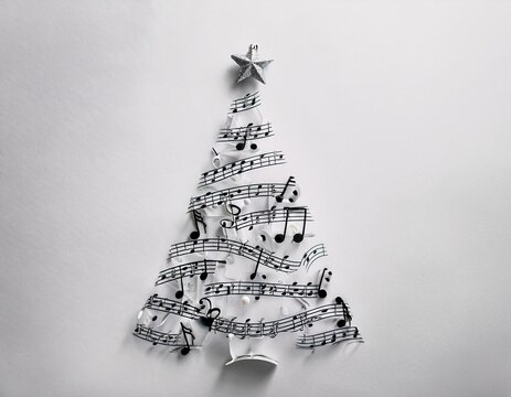 Tarjeta de &aacute;rbol de Navidad hecha de notas musicales en fondo suave, espacio para texto