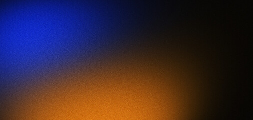 Abstract background with a dark grainy gradient, orange blue glowing spot light and a texture noise effect