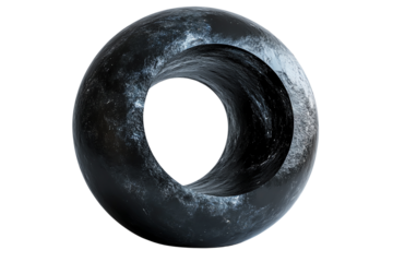 Abstract black toroidal shape with a swirling texture against a white isolated background, perfect for modern design projects.