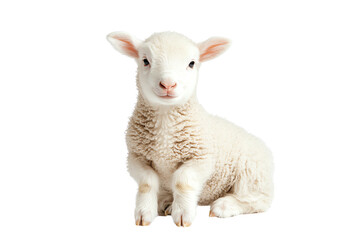 Obraz premium Adorable white lamb sitting against a white isolated background, showcasing its fluffy wool and gentle expression.