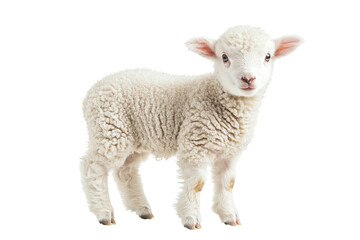 Fototapeta premium Adorable young lamb standing gracefully, showcasing its fluffy wool and curious expression, perfect for adding charm to any design project.