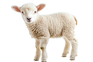 Fototapeta premium Adorable young lamb standing on a white isolated background, showcasing its soft fleece and playful demeanor.
