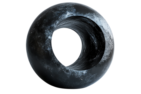 Abstract black toroidal shape with a swirling texture against a white isolated background, perfect for modern design projects.