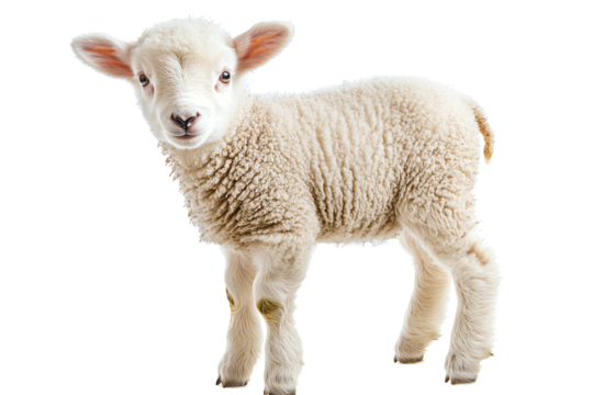 Adorable young lamb standing on a white isolated background, showcasing its soft fleece and playful demeanor.