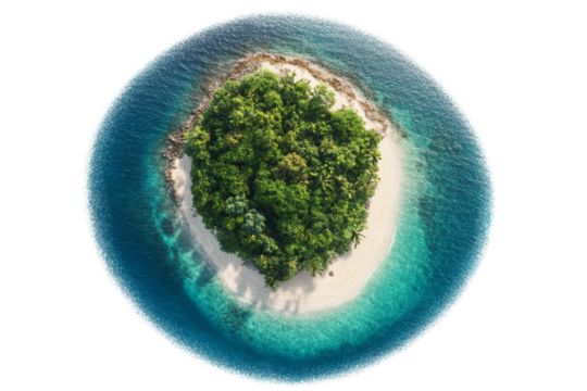 Aerial view of a beautiful tropical island surrounded by clear blue waters, featuring lush greenery and pristine sandy beaches.