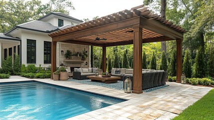 A beautiful wooden pergola with an open roof provides shade for an outdoor living space by the pool
