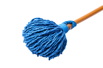 Blue cleaning mop with long handle, isolated on white background. Perfect for cleaning surfaces and maintaining cleanliness in homes or offices.