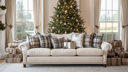A luxurious living room setting with a chic Christmas tree adorned with string lights and gifts. Plaid and pillows accentuate the inviting sofa against a white and beige backdrop