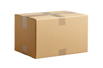 Brown cardboard box with tape on a white isolated background, ideal for shipping, packaging, and storage concepts.